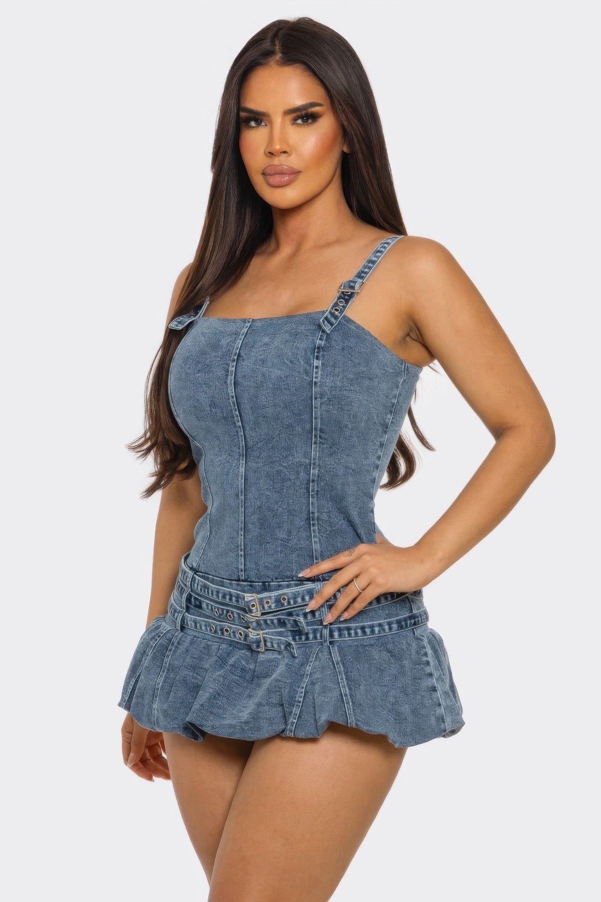 Belted Denim Mini Romper Dress