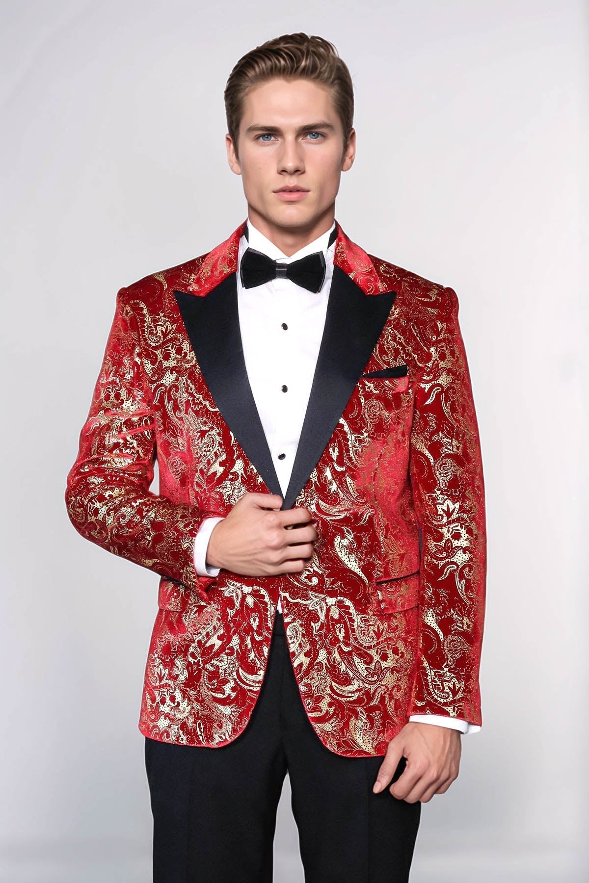 Gold Patterned Over Red Men Stage Tuxedo Blazer - Wessi