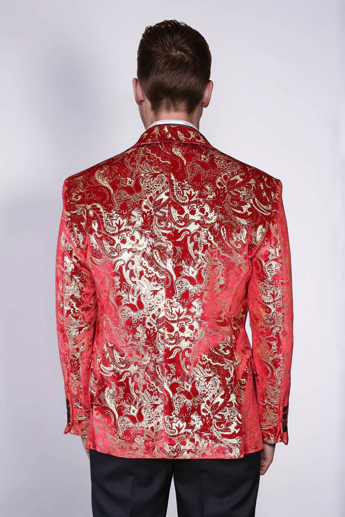 Gold Patterned Over Red Men Stage Tuxedo Blazer - Wessi