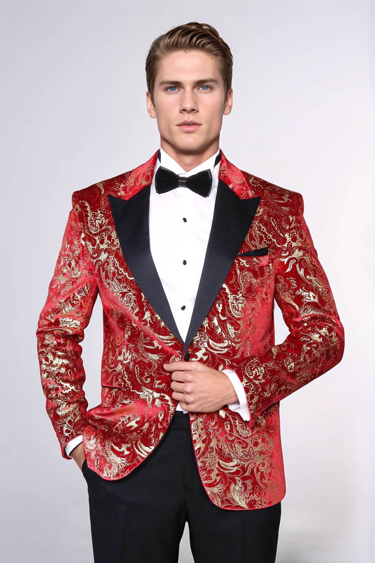 Gold Patterned Over Red Men Stage Tuxedo Blazer - Wessi