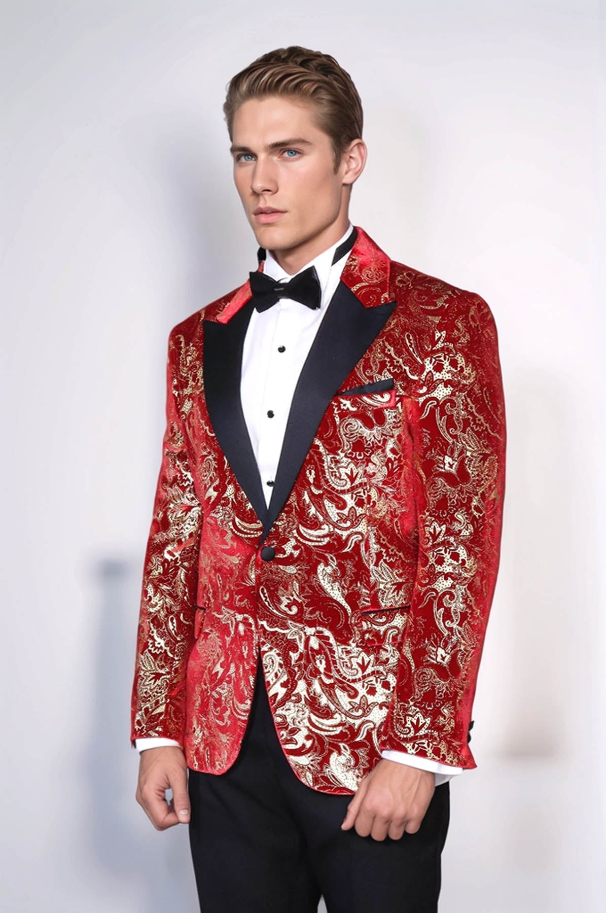 Gold Patterned Over Red Men Stage Tuxedo Blazer - Wessi