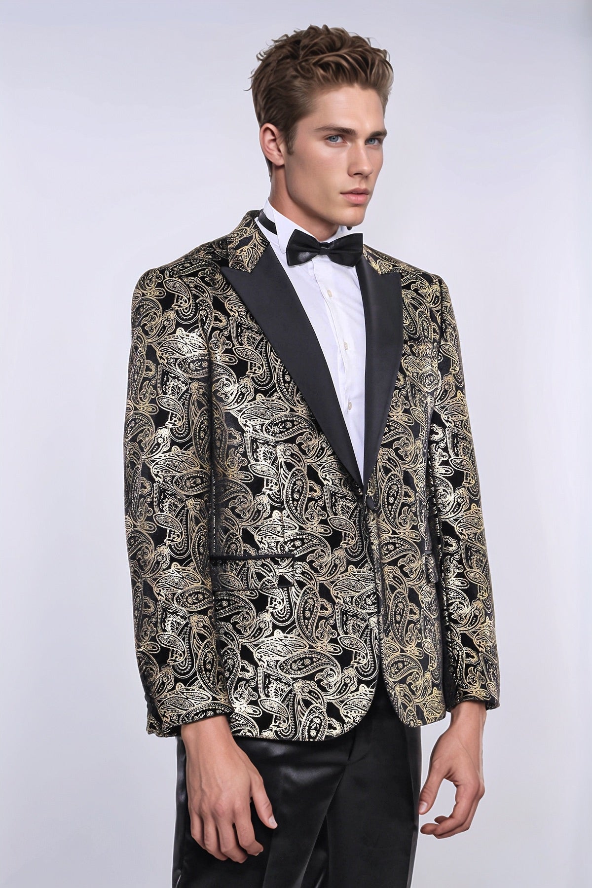 Slim Fit Gold Paisley Patterned Black Men Tuxedo Blazer - Wessi