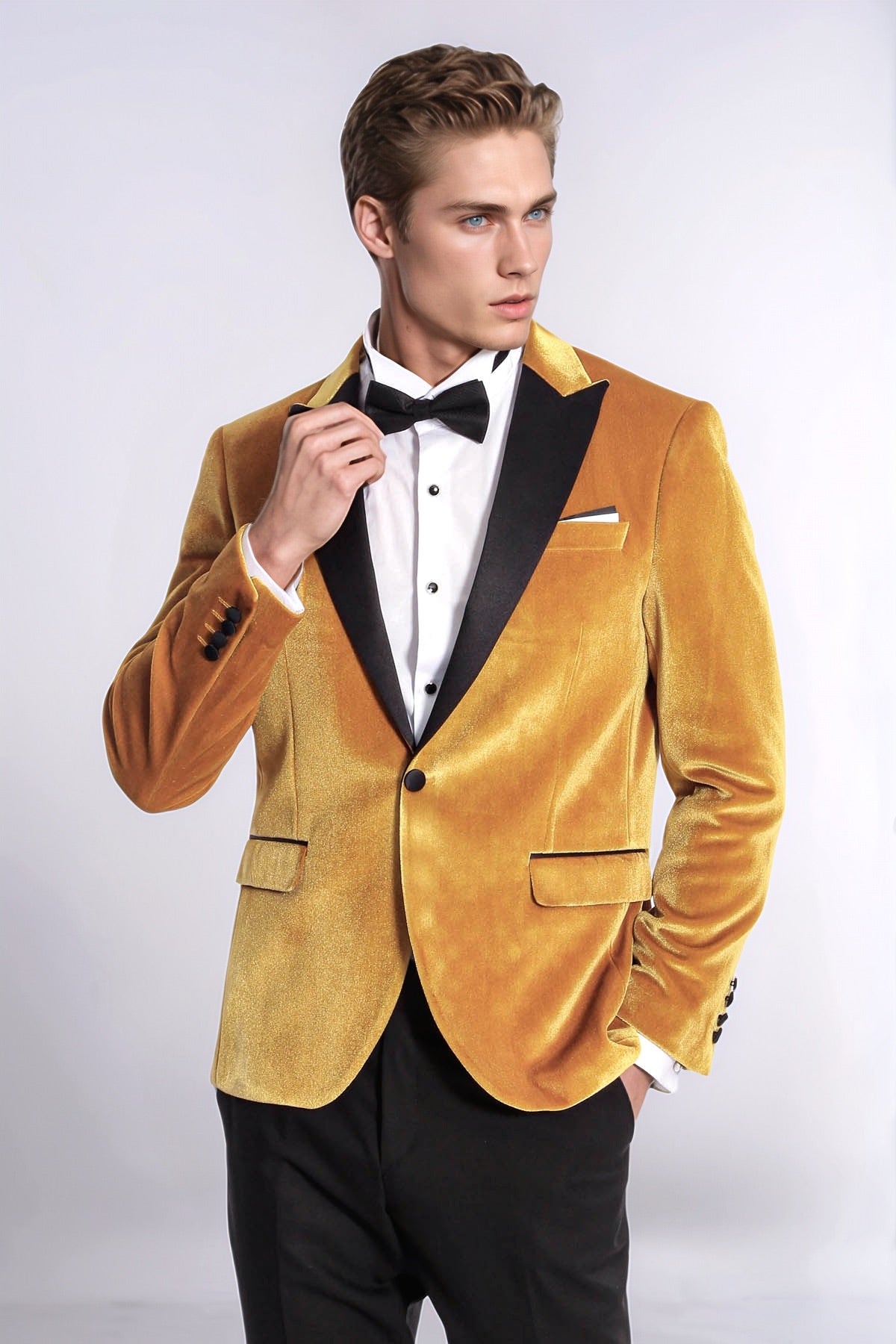 Velvet Slim Fit Yellow Men Tuxedo Jacket - Wessi