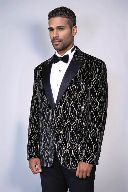 Gold Patterned Over Black Velvet Men Evening Tuxedo Blazer - Wessi
