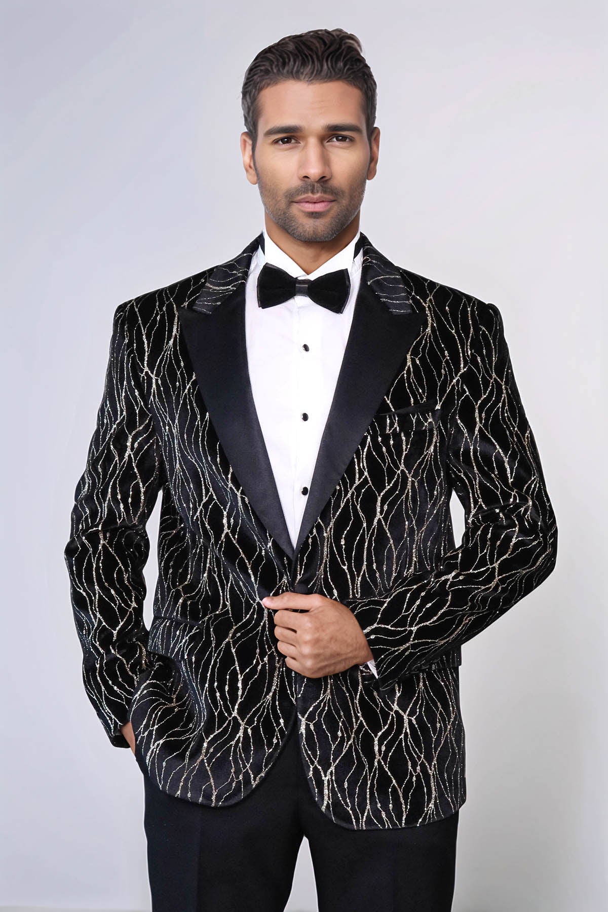 Gold Patterned Over Black Velvet Men Evening Tuxedo Blazer - Wessi