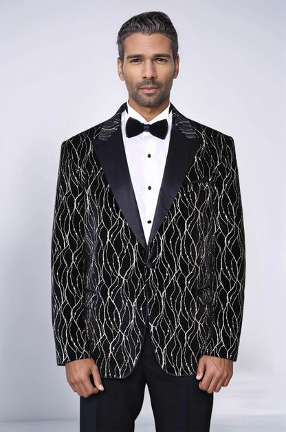Gold Patterned Over Black Velvet Men Evening Tuxedo Blazer - Wessi