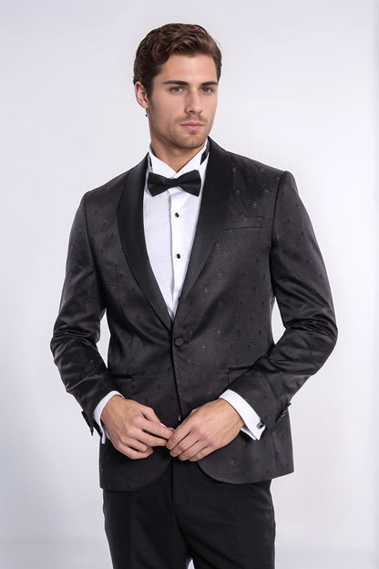 Dot Patterned Slim Fit Black Men Tuxedo Jacket - Wessi