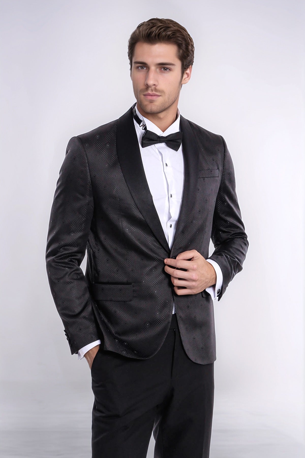 Dot Patterned Slim Fit Black Men Tuxedo Jacket - Wessi