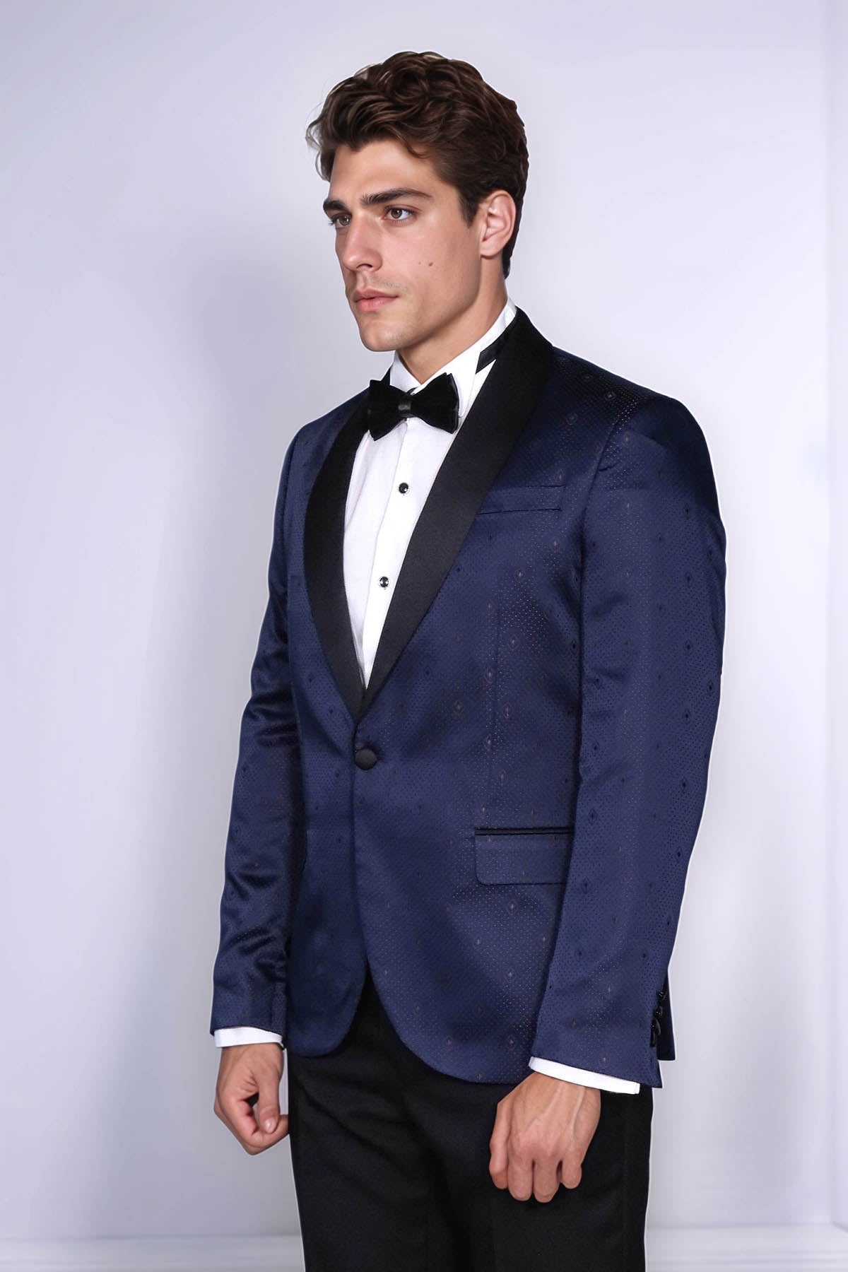 Patterned Shawl Lapel Navy Blue Men Tuxedo Jacket - Wessi