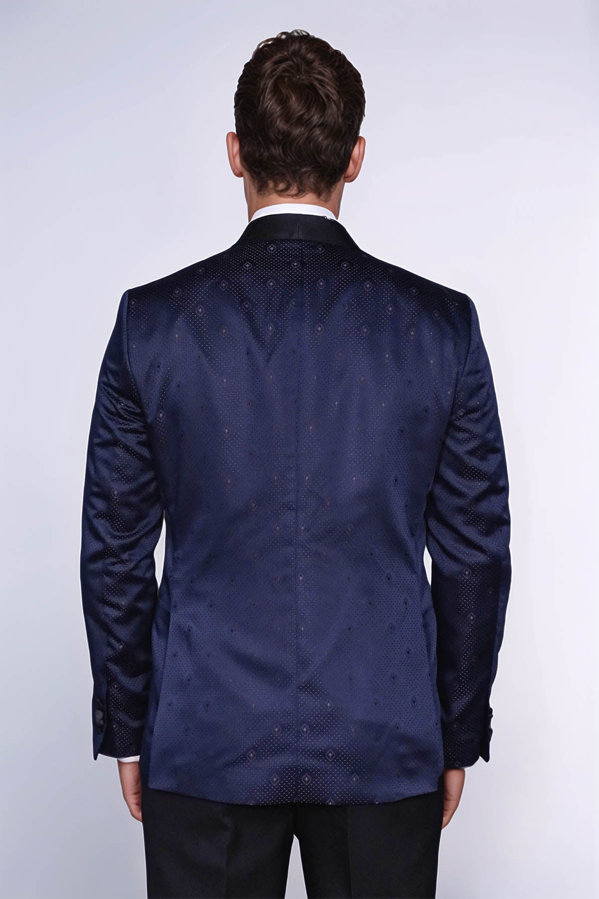 Patterned Shawl Lapel Navy Blue Men Tuxedo Jacket - Wessi