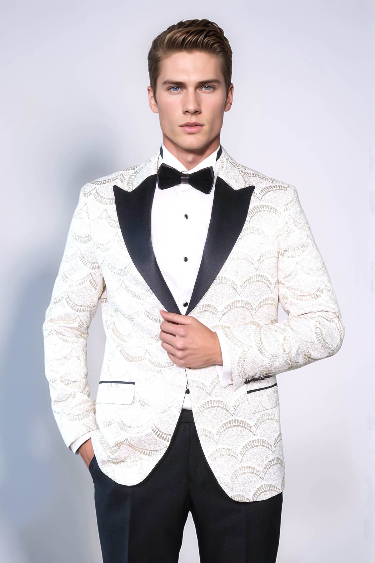 Patterned Slim Fit White Men Dinner Jacket - Wessi