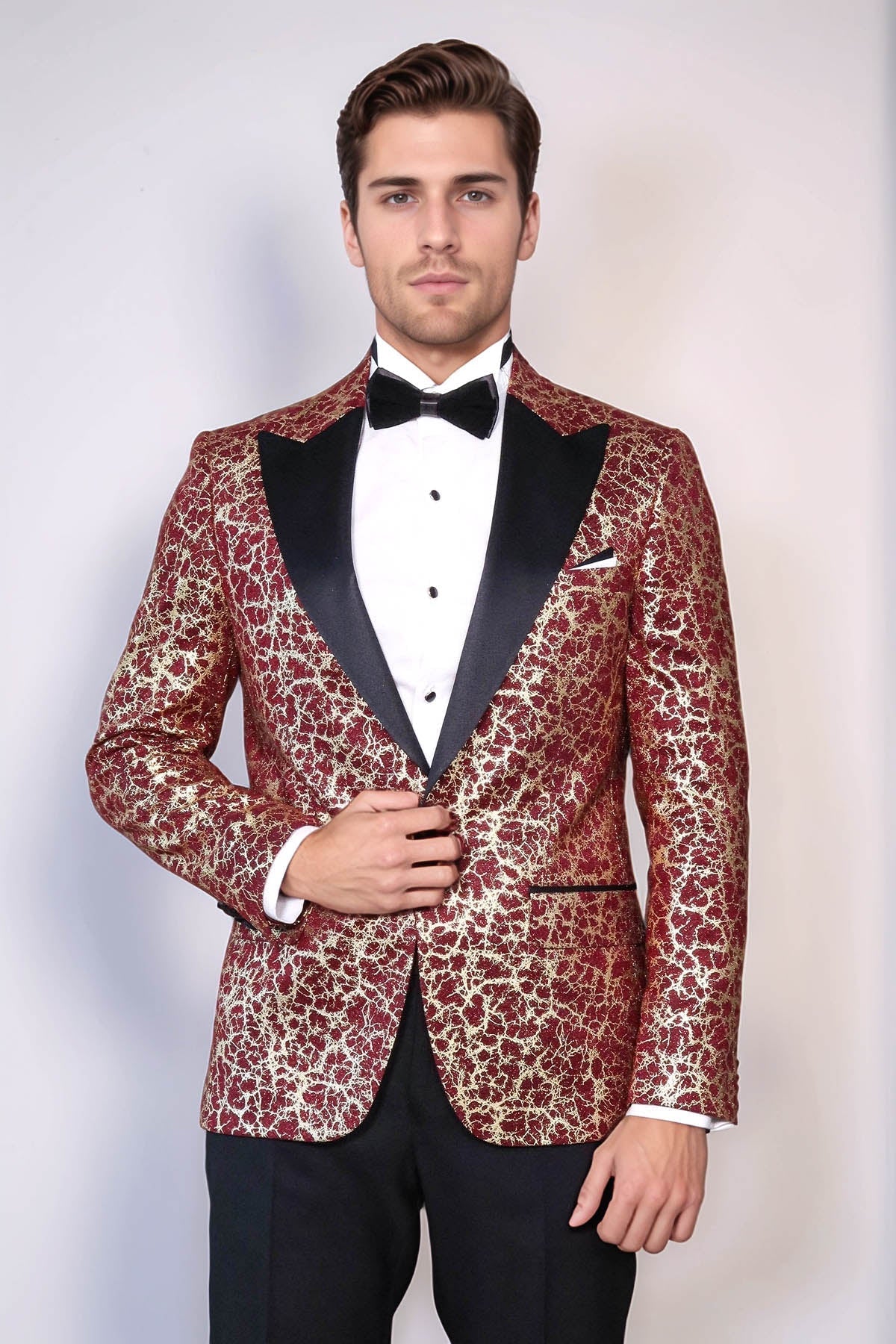 Root Pattern Peak Lapel Burgundy Men Party Blazer - Wessi