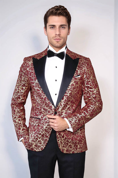 Root Pattern Peak Lapel Burgundy Men Party Blazer - Wessi