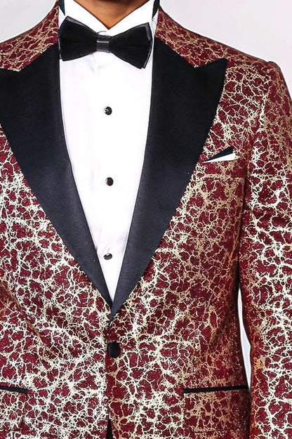 Root Pattern Peak Lapel Burgundy Men Party Blazer - Wessi