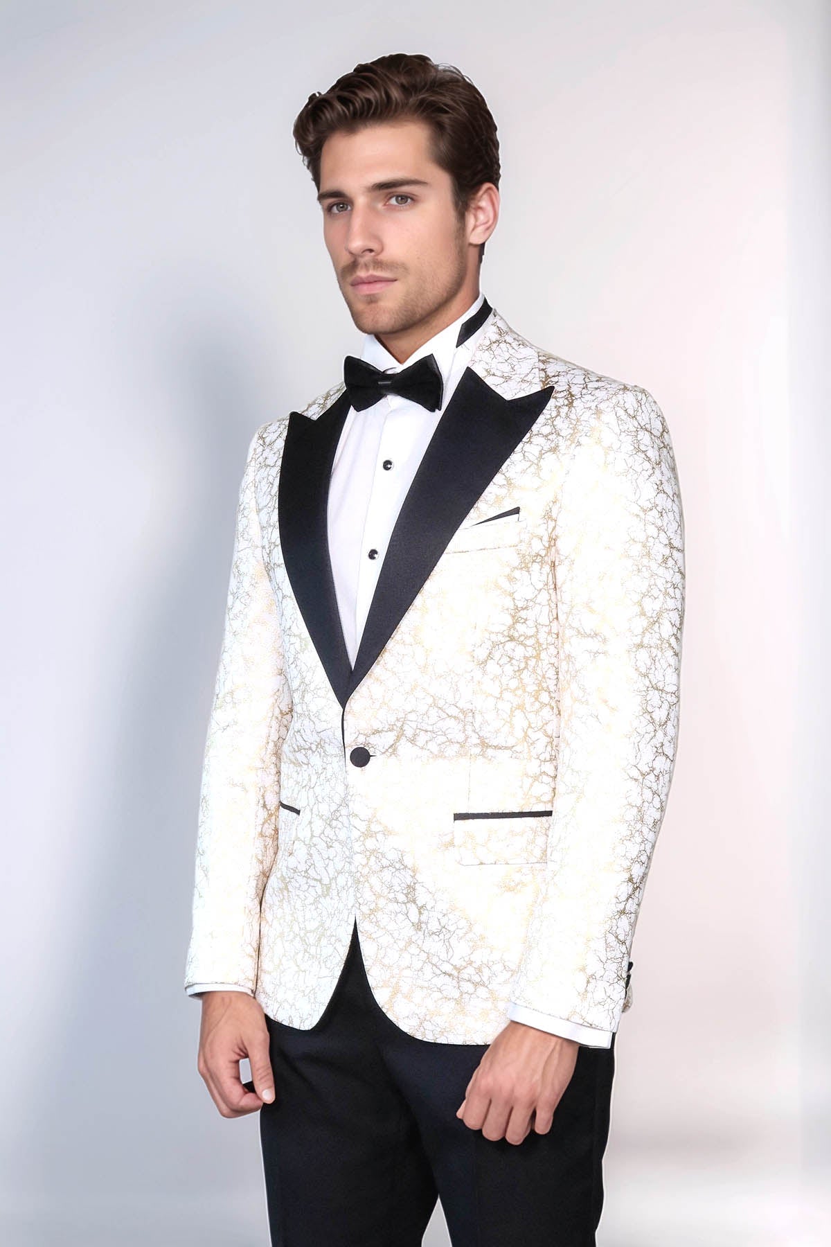 Root Pattern Peak Lapel White Men Dinner Jacket - Wessi
