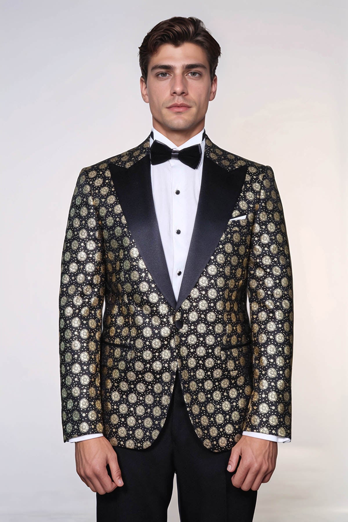 Floral Patterned Peak Lapel  Black with Gold Embellished Dinner Jacket - Wessi