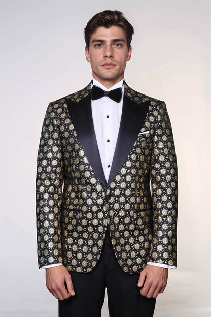 Floral Patterned Peak Lapel  Black with Gold Embellished Dinner Jacket - Wessi