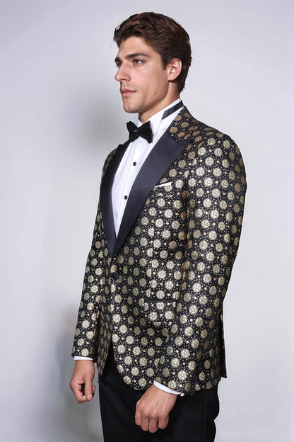 Floral Patterned Peak Lapel  Black with Gold Embellished Dinner Jacket - Wessi
