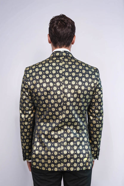 Floral Patterned Peak Lapel  Navy Blue with Gold Embellished Dinner Jacket - Wessi
