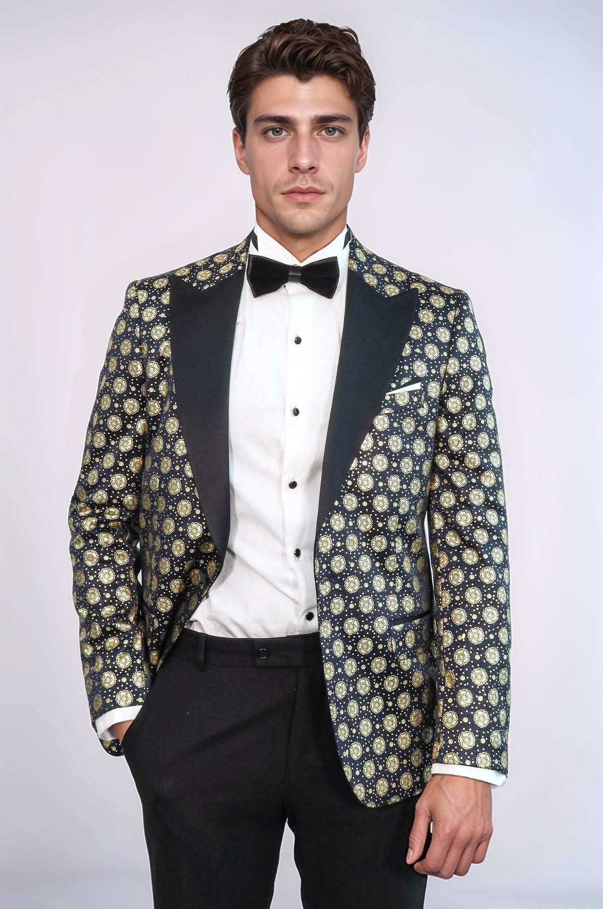 Floral Patterned Peak Lapel  Navy Blue with Gold Embellished Dinner Jacket - Wessi