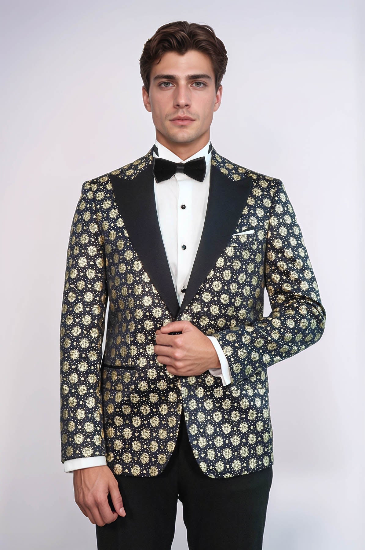 Floral Patterned Peak Lapel  Navy Blue with Gold Embellished Dinner Jacket - Wessi