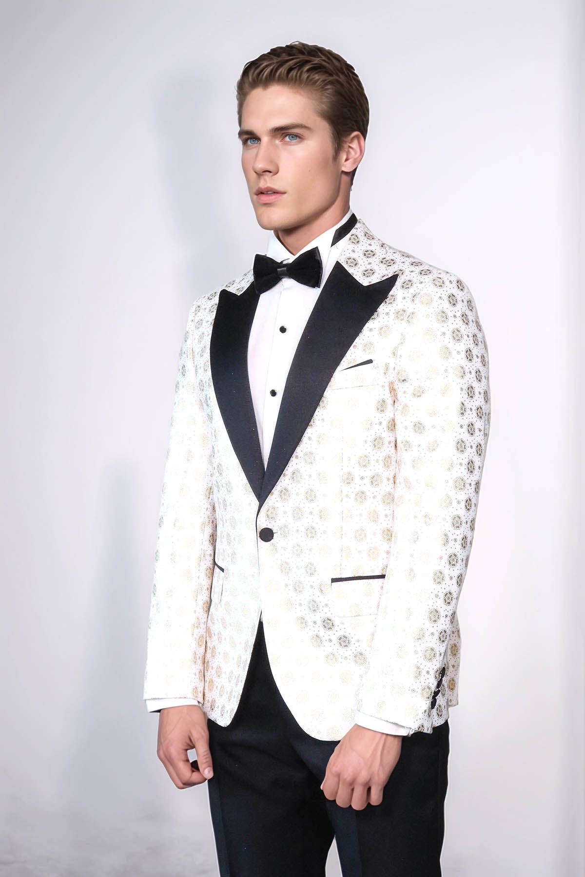 Floral Patterned Peak Lapel White Men Wedding Tuxedo Blazer - Wessi