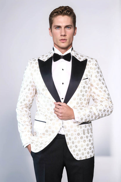 Floral Patterned Peak Lapel White Men Wedding Tuxedo Blazer - Wessi