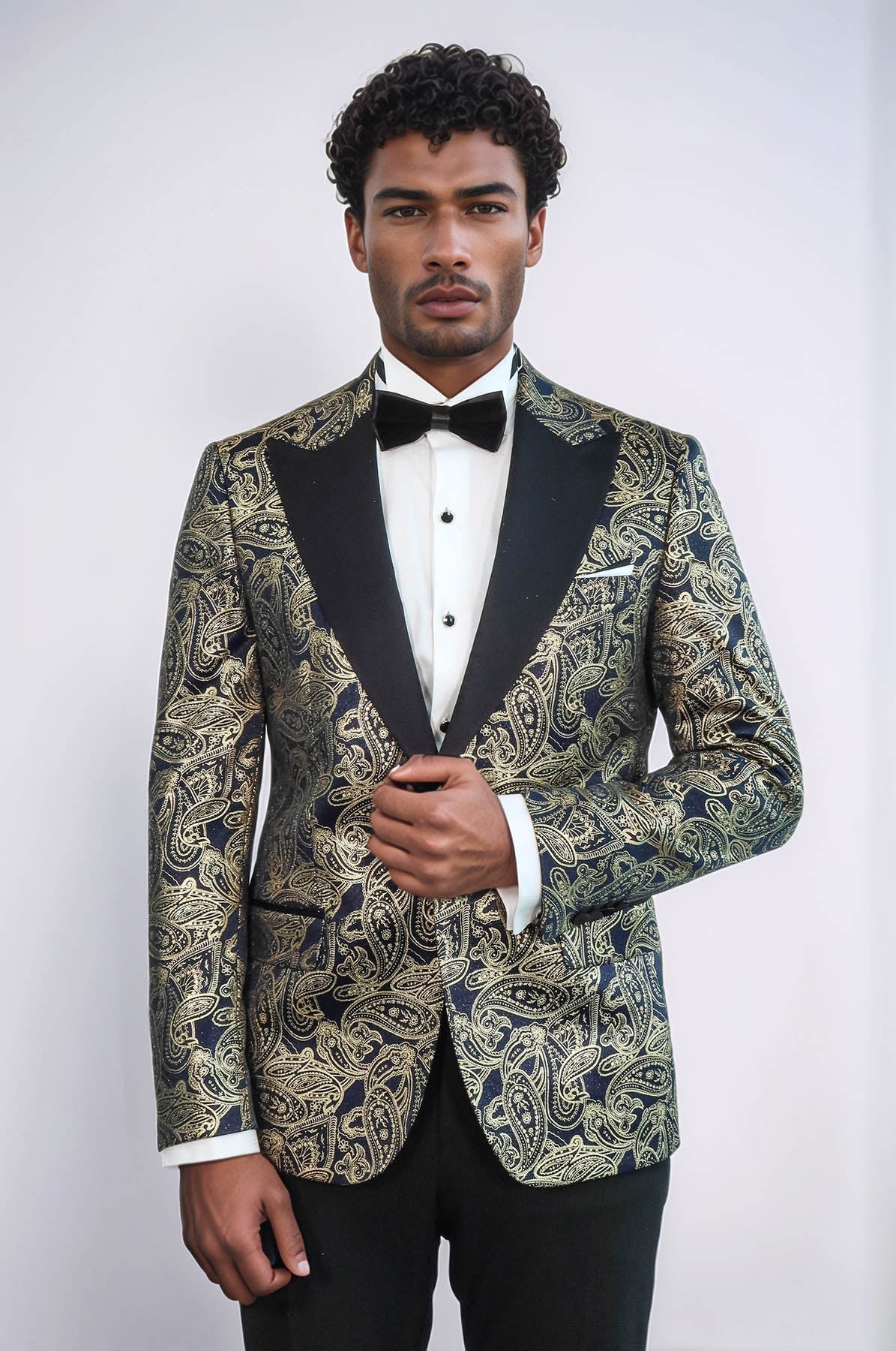 Paisley Peak Lapel Navy Blue Men Party Blazer - Wessi