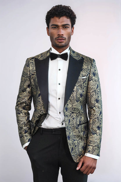 Paisley Peak Lapel Navy Blue Men Party Blazer - Wessi