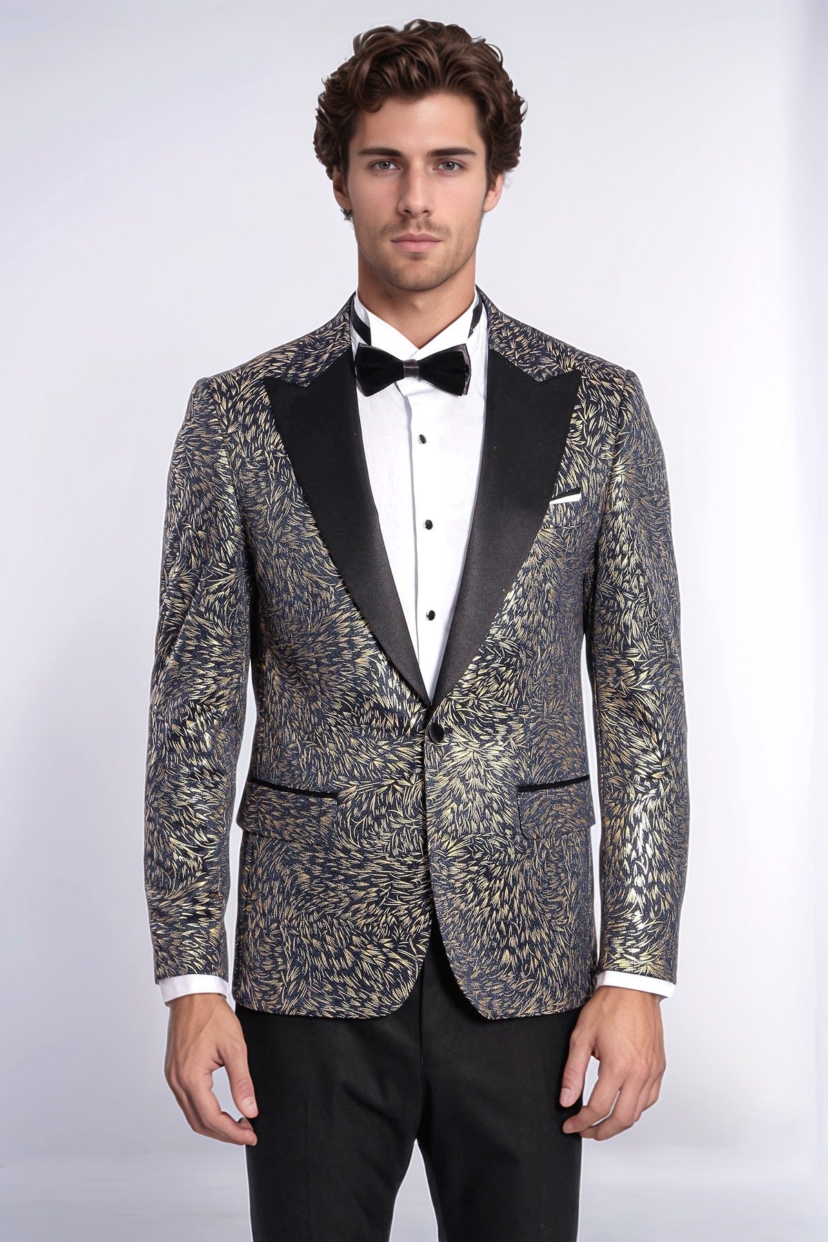 Feather Patterned Slim Fit Navy Blue Men Dinner Jacket - Wessi