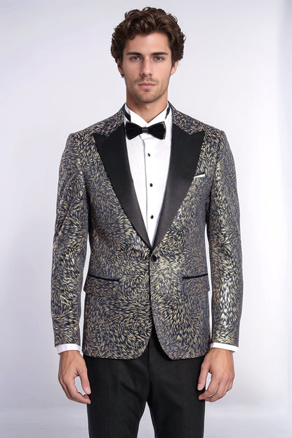 Feather Patterned Slim Fit Navy Blue Men Dinner Jacket - Wessi