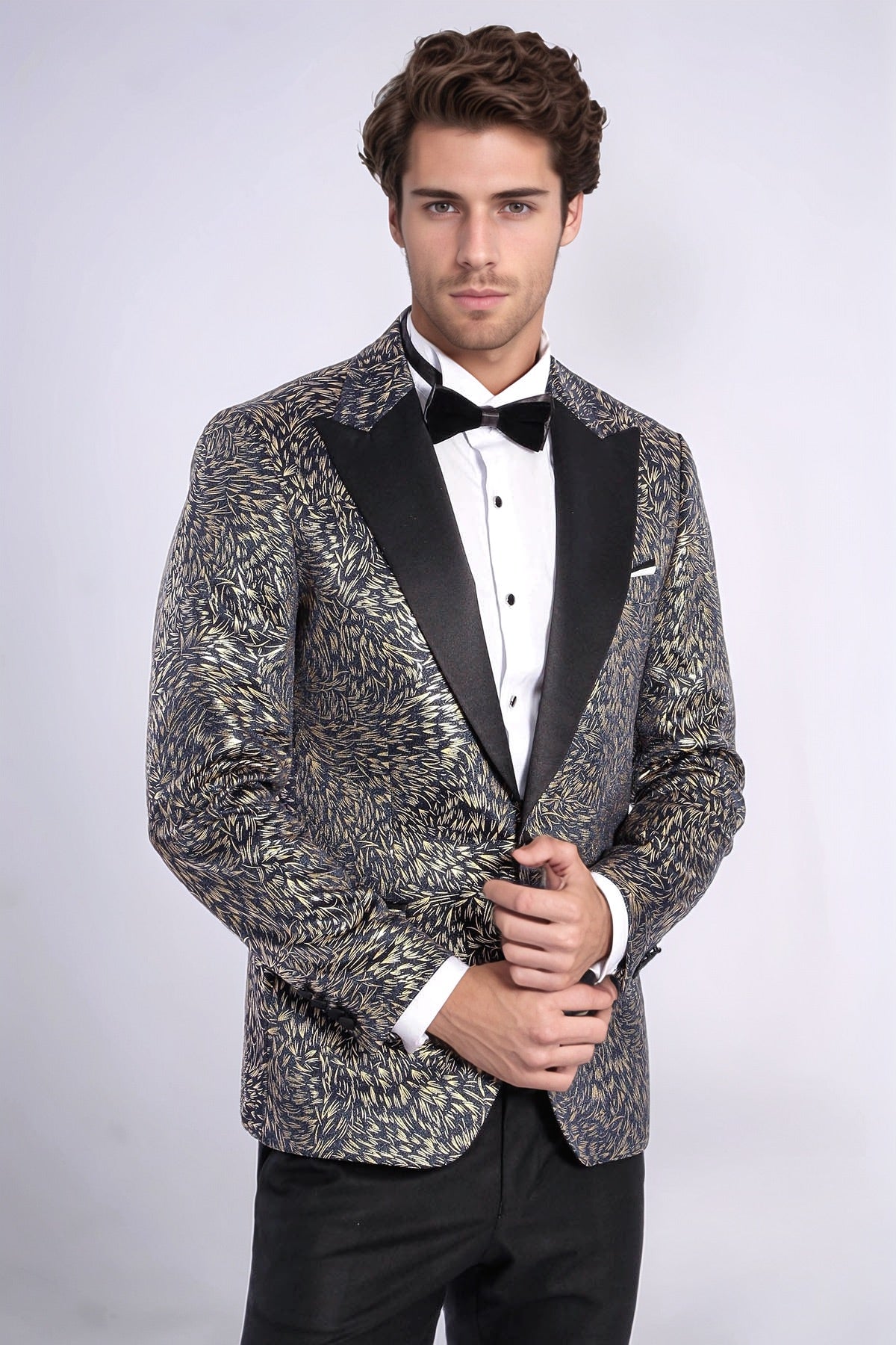 Feather Patterned Slim Fit Navy Blue Men Dinner Jacket - Wessi
