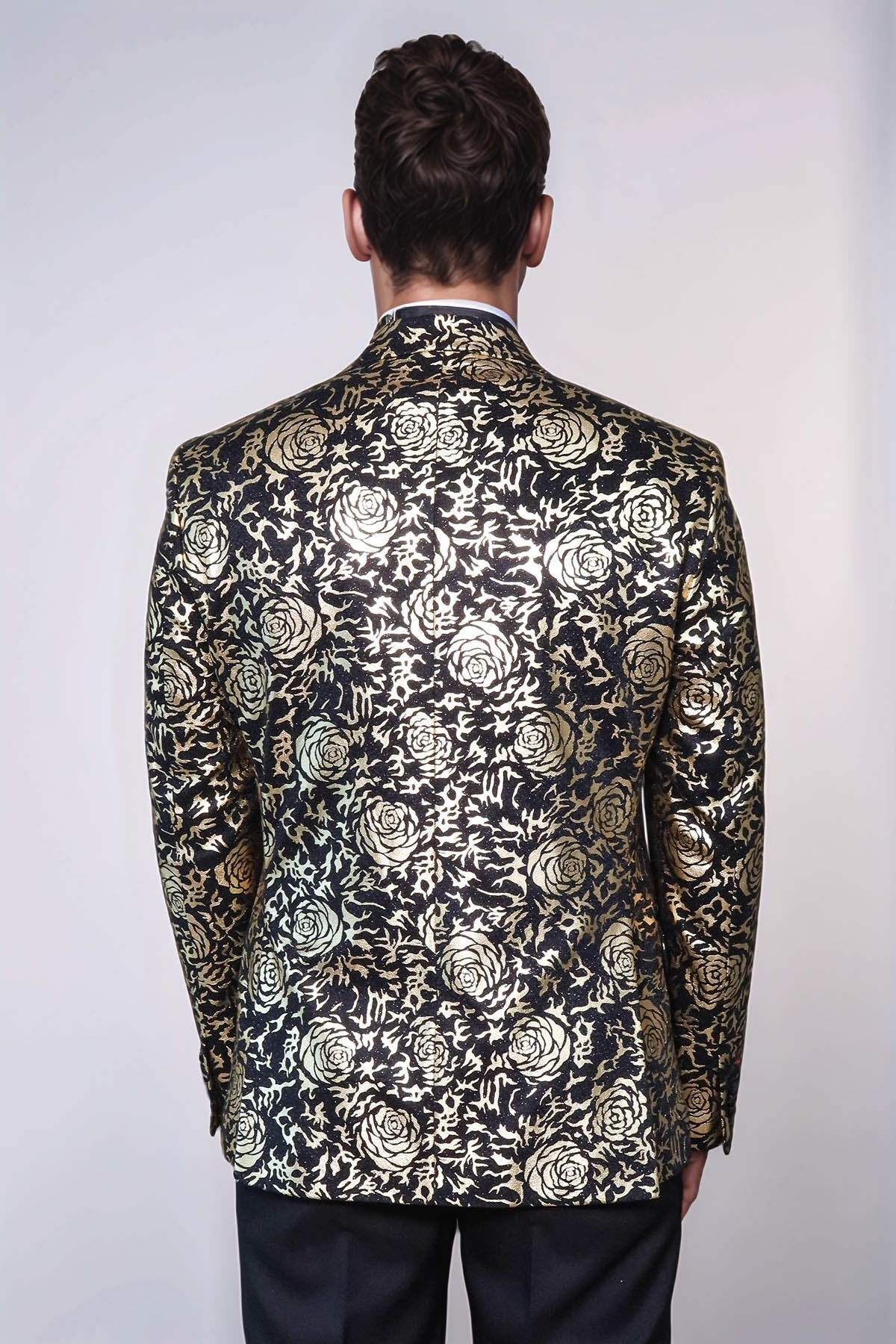 Gold Rose Patterned Slim Fit Black Men Singer Tuxedo Blazer - Wessi