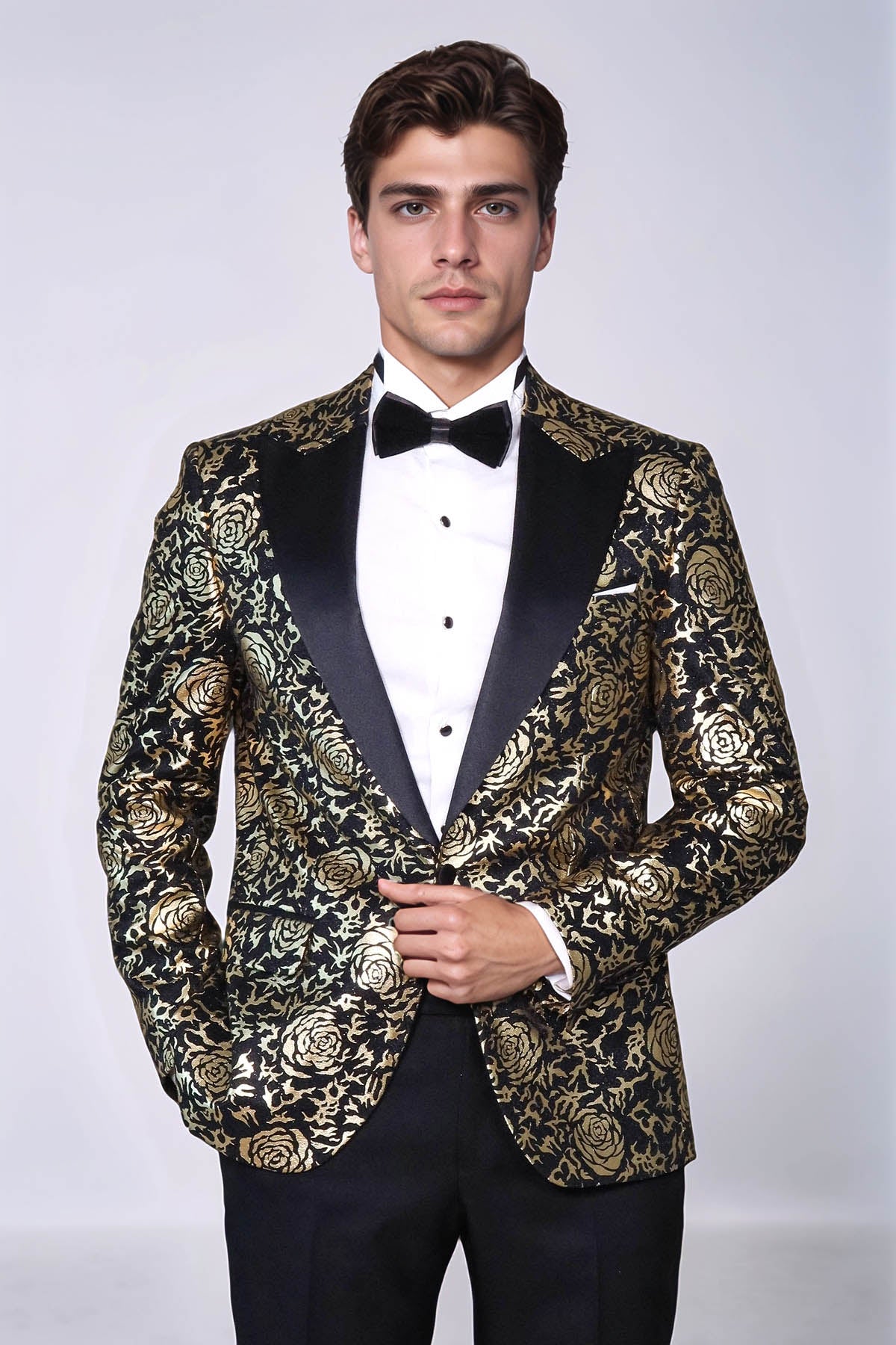 Gold Rose Patterned Slim Fit Black Men Singer Tuxedo Blazer - Wessi