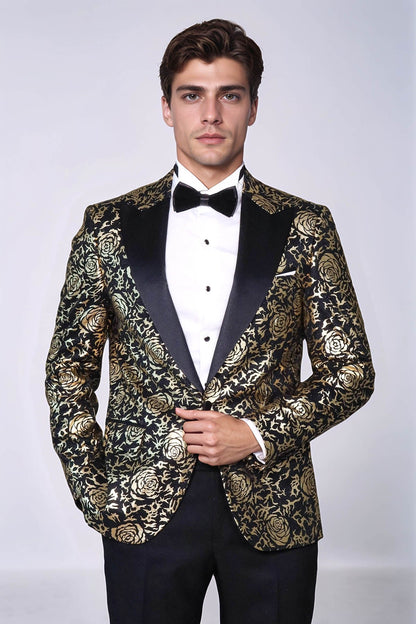 Gold Rose Patterned Slim Fit Black Men Singer Tuxedo Blazer - Wessi