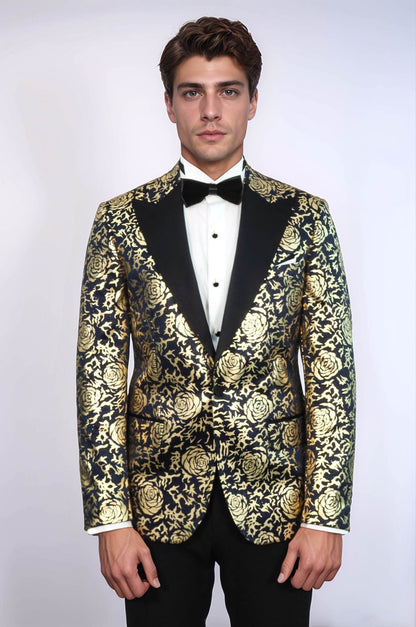 Gold Rose Patterned Slim Fit Navy Blue Men Party Blazer - Wessi