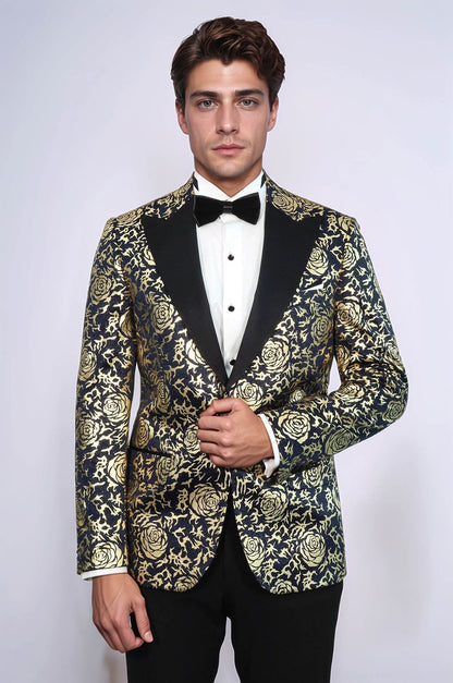 Gold Rose Patterned Slim Fit Navy Blue Men Party Blazer - Wessi