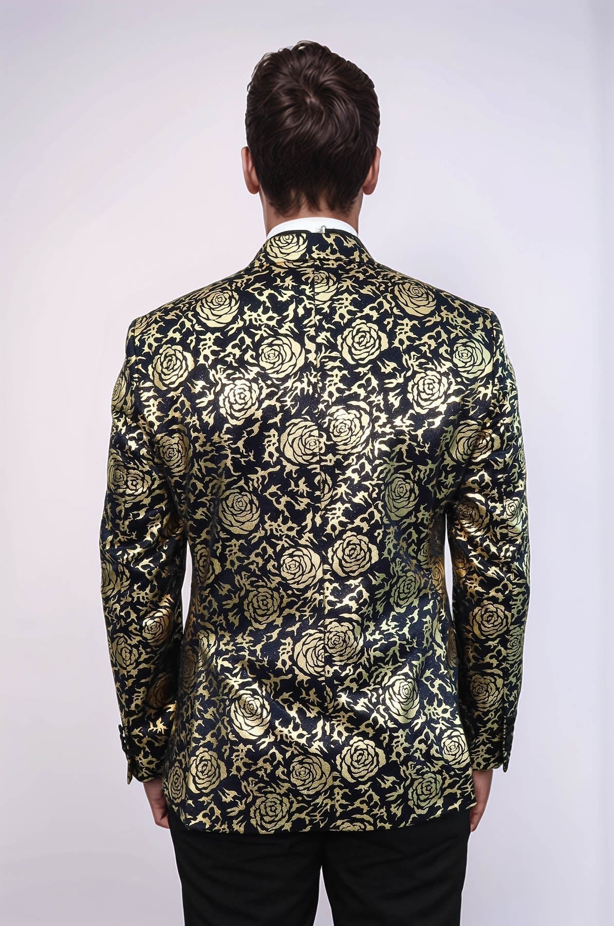 Gold Rose Patterned Slim Fit Navy Blue Men Party Blazer - Wessi