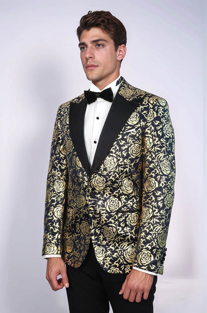 Gold Rose Patterned Slim Fit Navy Blue Men Party Blazer - Wessi