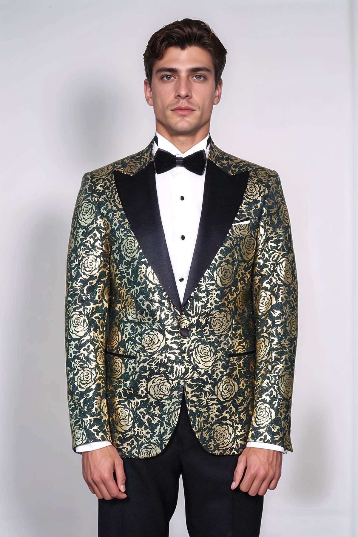 Gold Rose Patterned Slim Fit Green Men Singer Tuxedo Jacket - Wessi