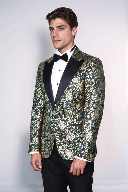 Gold Rose Patterned Slim Fit Green Men Singer Tuxedo Jacket - Wessi