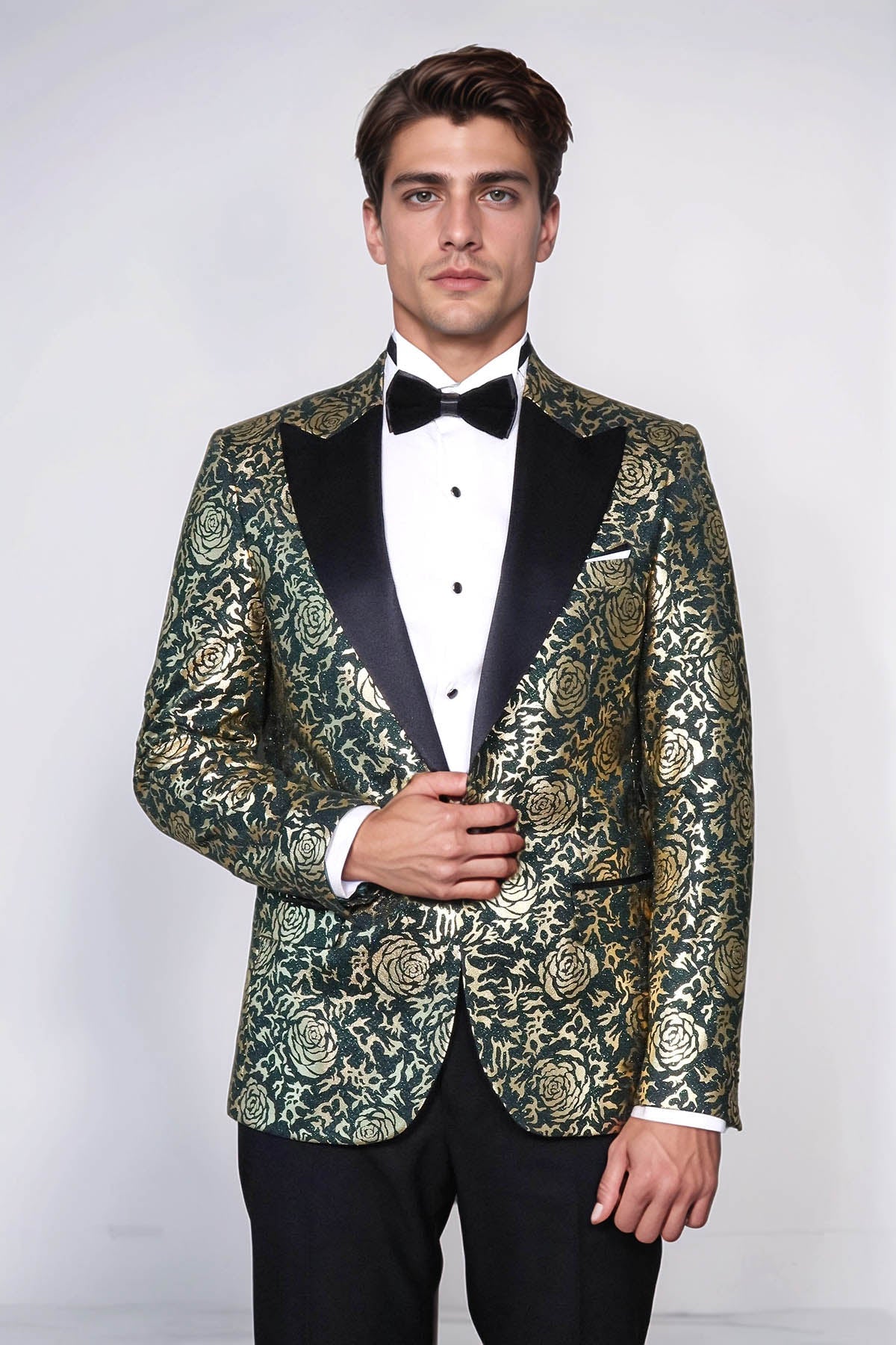 Gold Rose Patterned Slim Fit Green Men Singer Tuxedo Jacket - Wessi