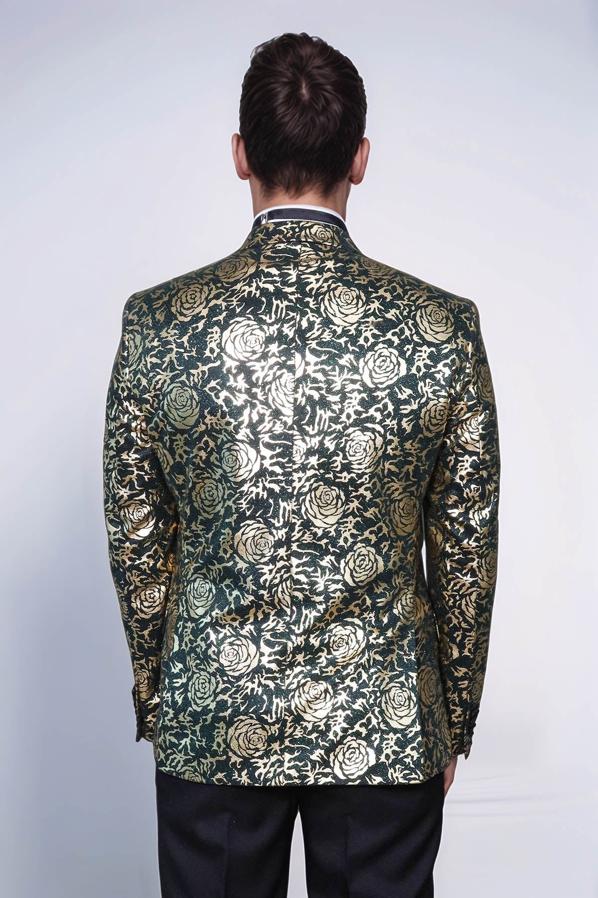 Gold Rose Patterned Slim Fit Green Men Singer Tuxedo Jacket - Wessi