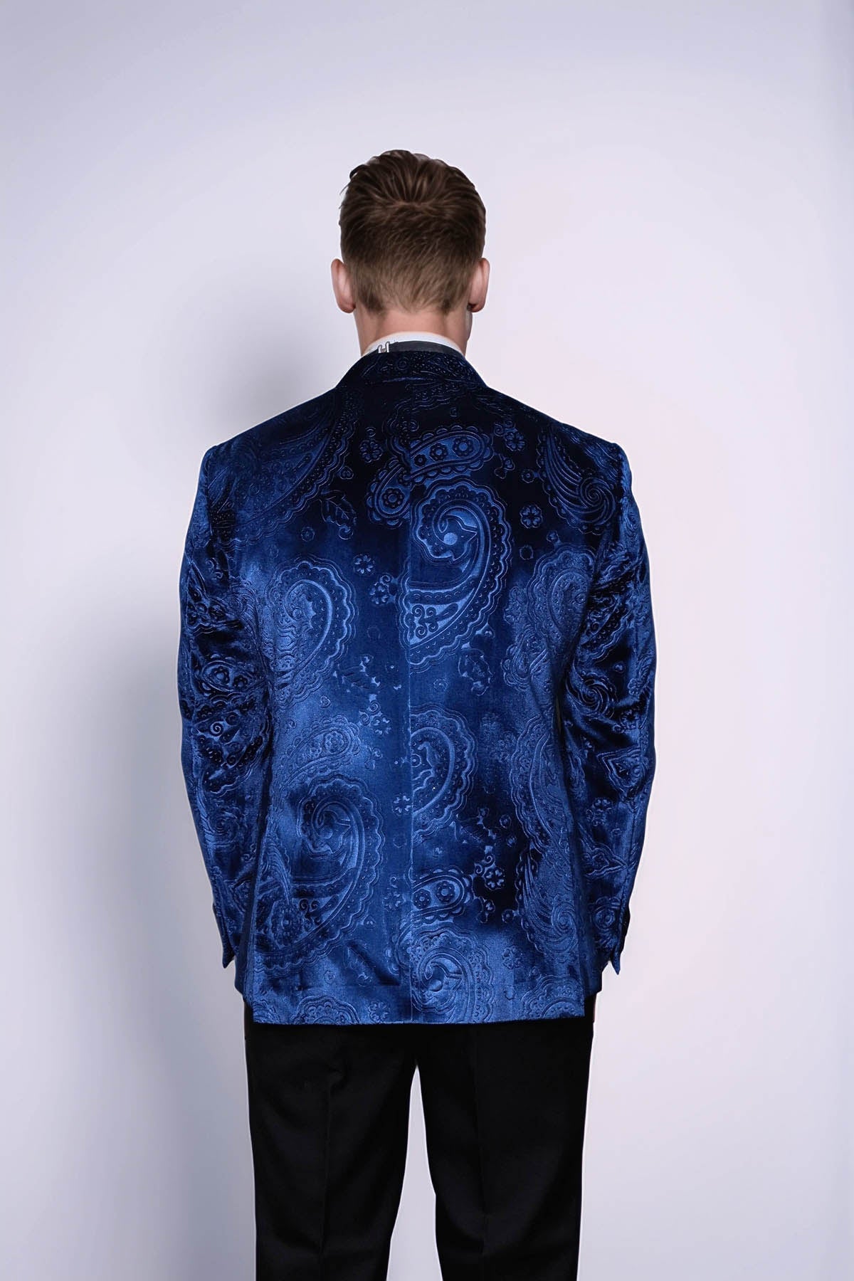 Floral Patterned Velvet Navy Blue Men Tuxedo Blazer - Wessi