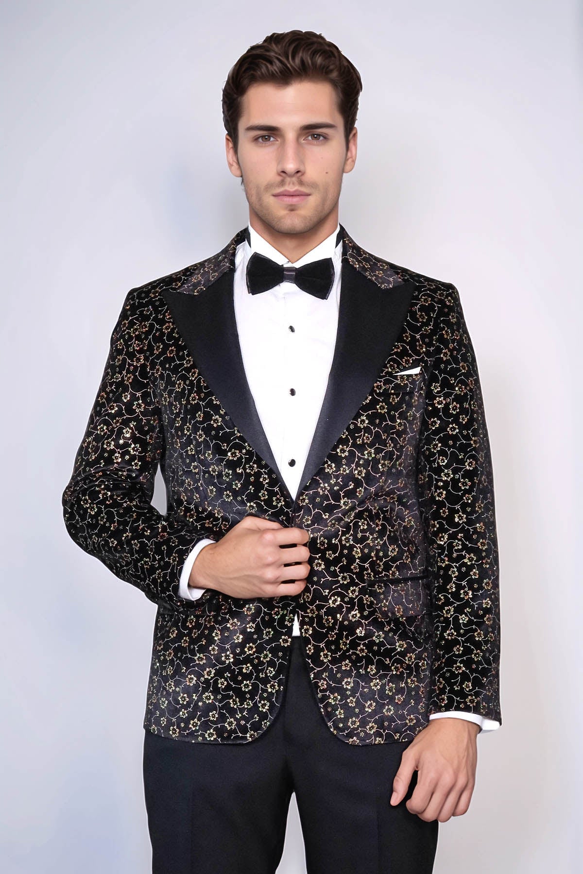 Tiny Flower Pattern Black Men Tuxedo Blazer - Wessi
