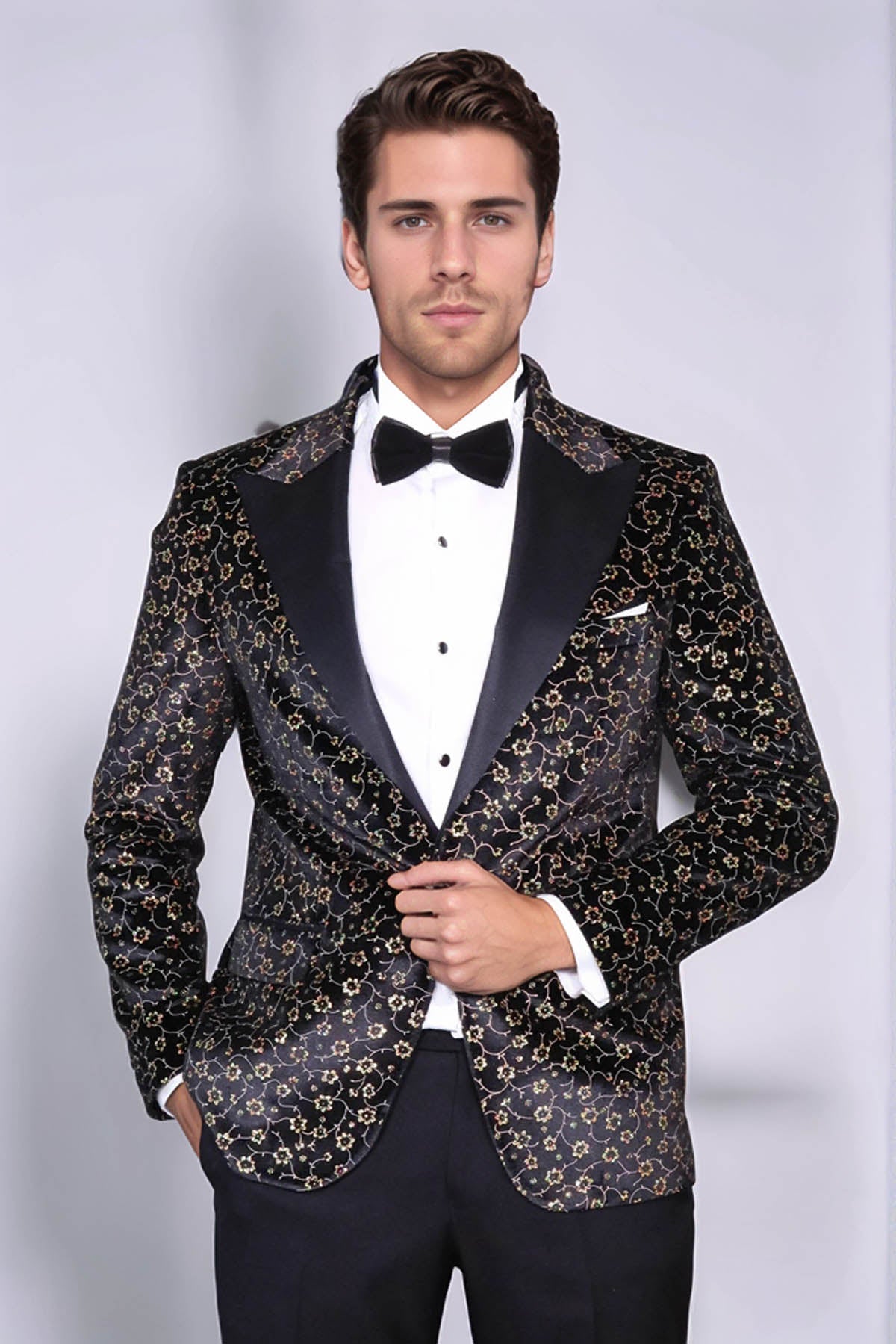 Tiny Flower Pattern Black Men Tuxedo Blazer - Wessi