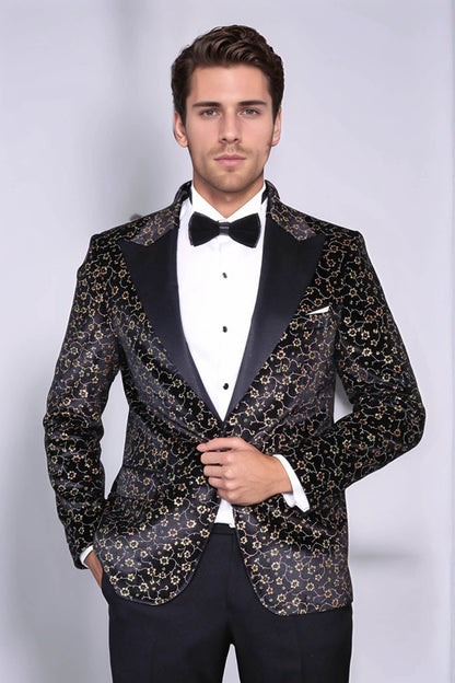 Tiny Flower Pattern Black Men Tuxedo Blazer - Wessi