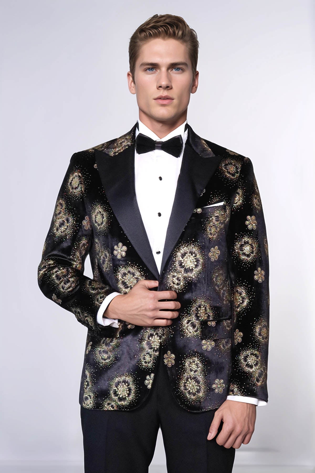 Black Patterned Over Black Men Prom Blazer - Wessi