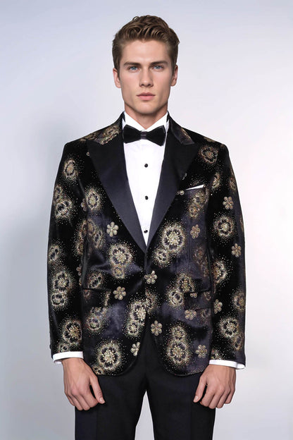 Black Patterned Over Black Men Prom Blazer - Wessi