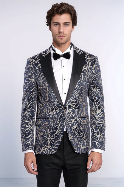Sparkling Ivy Patterned Slim Fit Navy Blue Men Tuxedo Jacket - Wessi